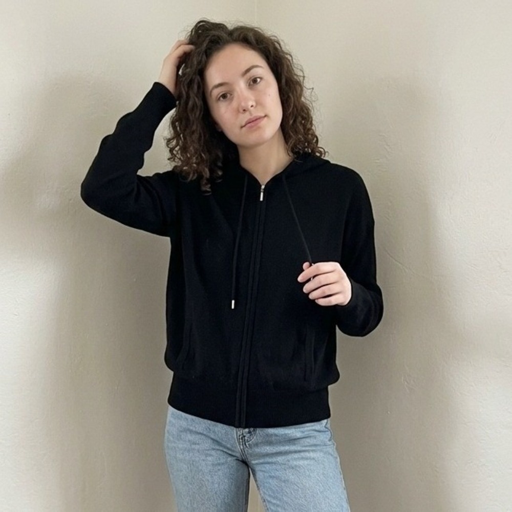 Charter Club Womens Sweater Large Black Cashmere Full Zip Hooded Luxury Minimal